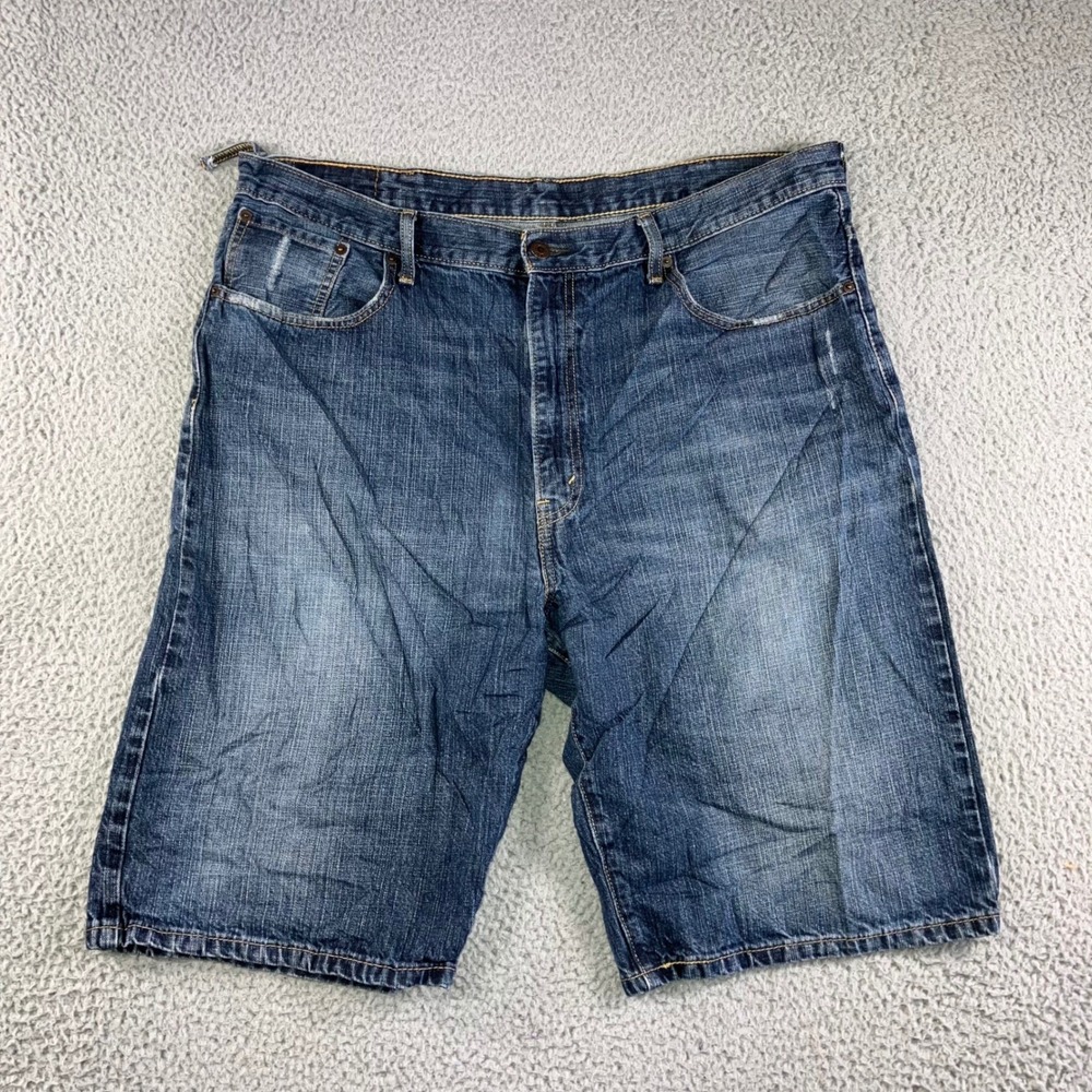 Levis 569 Denim Shorts Men 40 Blue Loose Dark Wash Jorts Whiskered y2k Skater